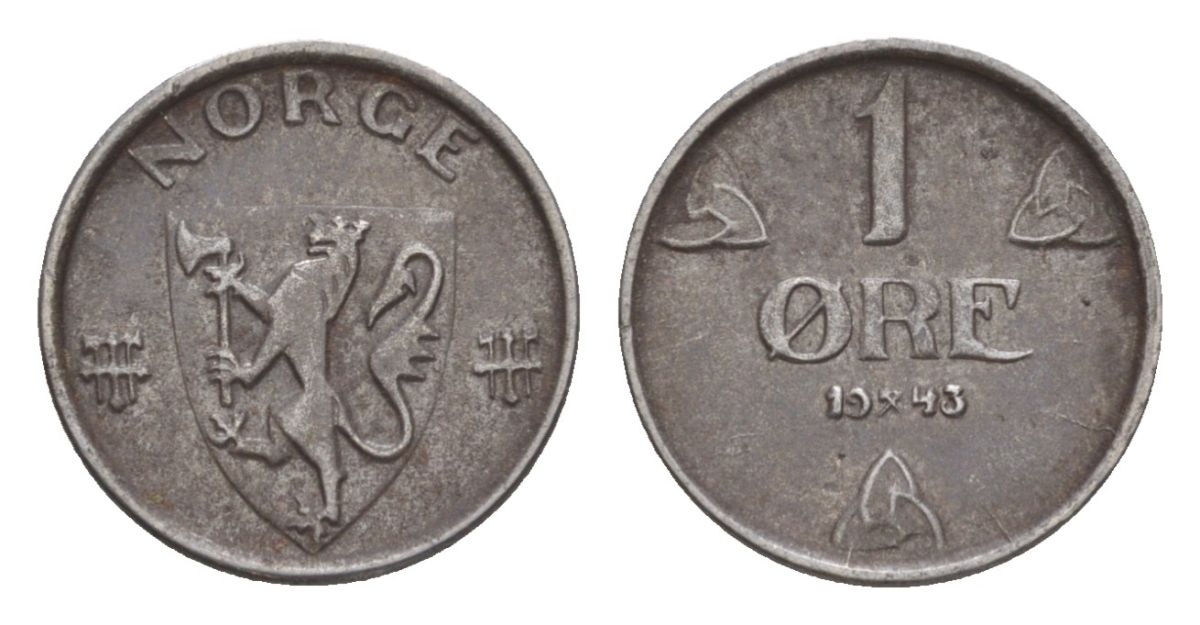 Норвегия 1 эре 1943 Хокон VII (1905-1957) KM 387 железо 4632-1054