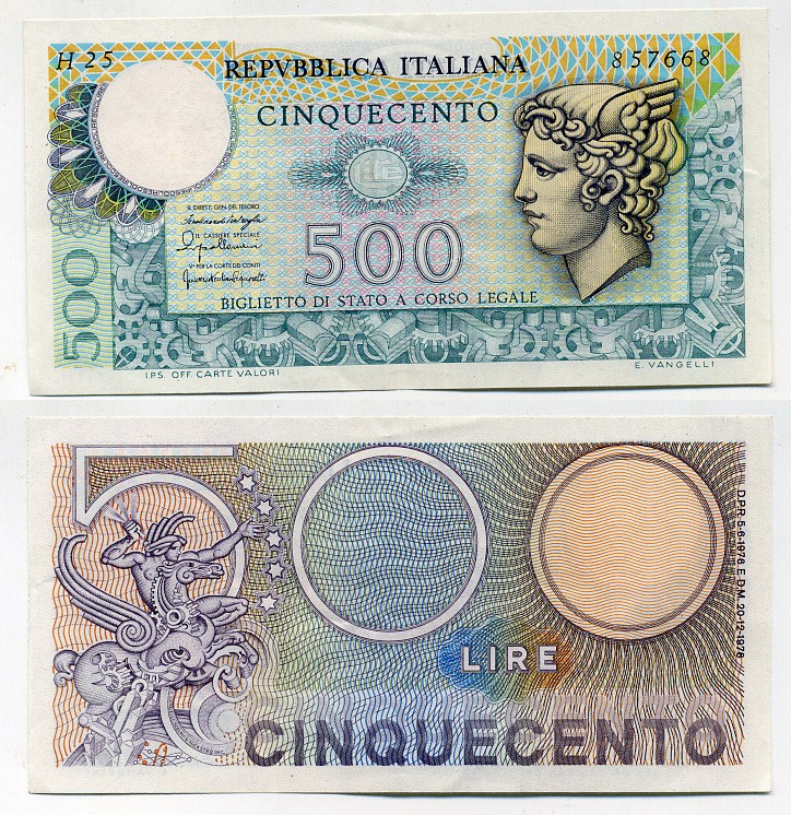 Италия 500 лир 1976 Меркурий Pick 95 бумага 6279-3-1-2