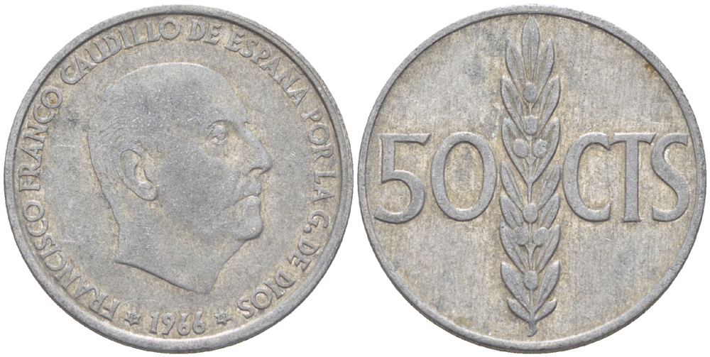 Испания 50 сентимо 1966 (68) Франсиско Франко (1939-1975) KM 795 алюминий 4181-1068