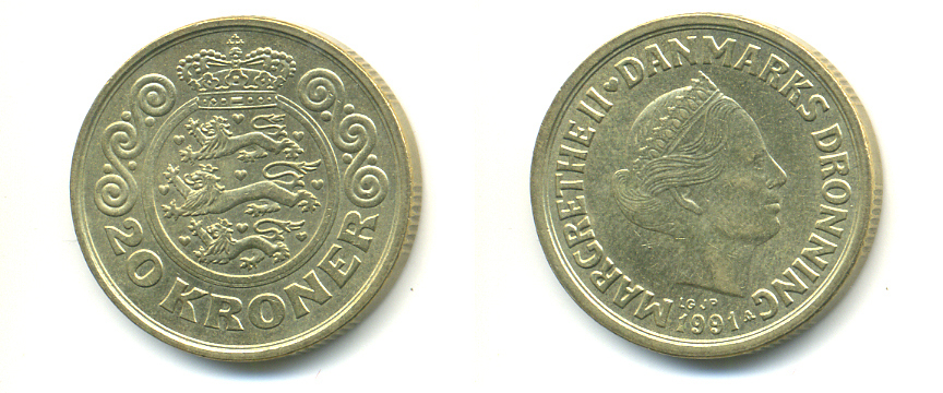 ДАНИЯ 20 КРОН 1990 LG; JP; A, МАРГРЕТЕ II (1972-) KM 871 алюминиевая бронза 179-235