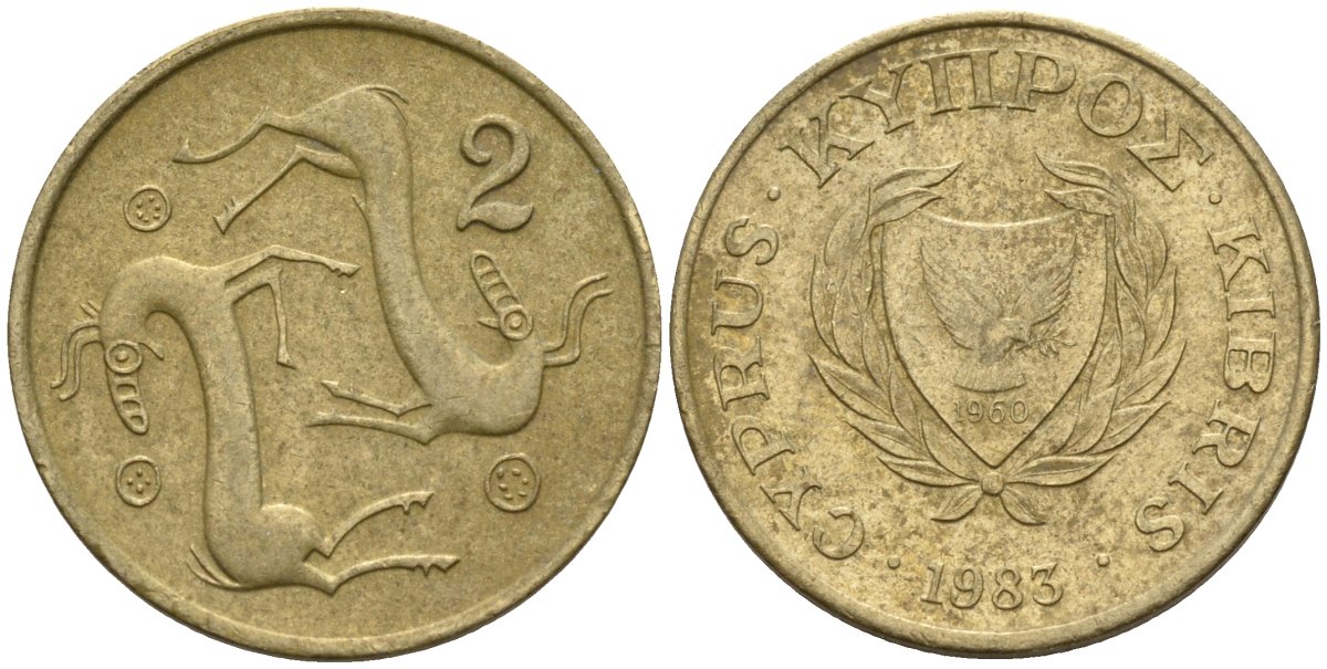 Кипр 2 цента 1983 KM 54.1 никель латунь 4174-1223