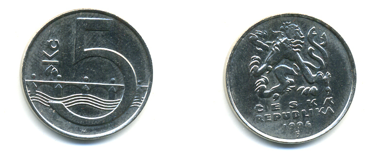 Чехия 5 крон 1994 чешский лев, Карлов мост KM 8 сталь плакированная никелем 89-1626