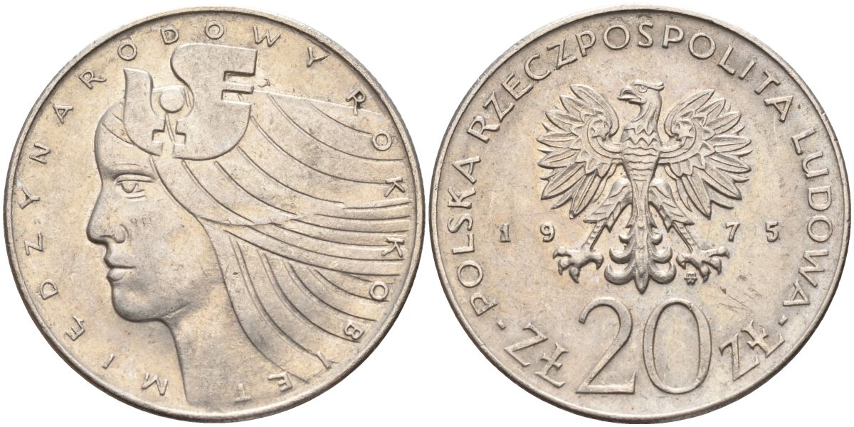 Польша 20 злотых 1975 MW, Международный год женщины KM 75, Parchimowicz 248 медно-никель UNC 4531-1225