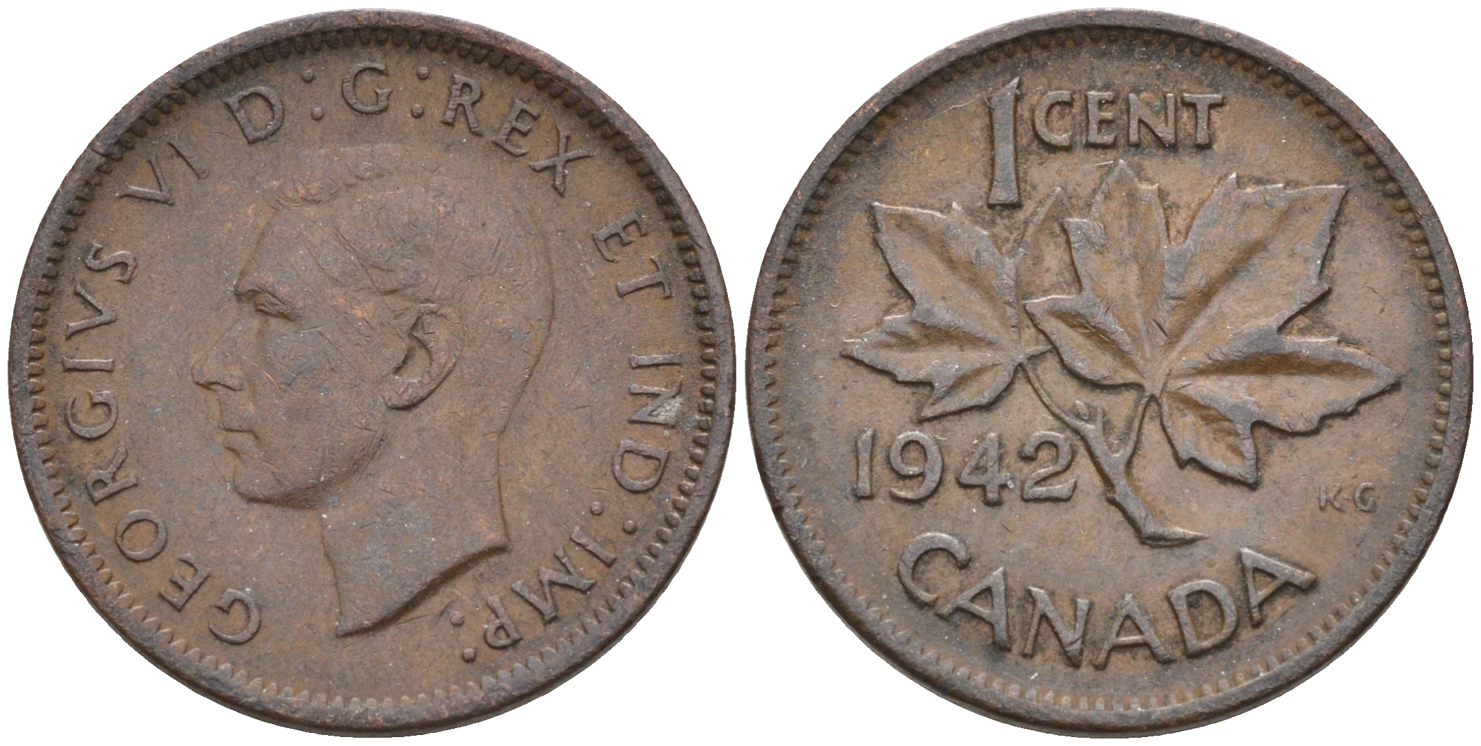 Канада 1 цент 1942 Георг VI (1937-1952), кленовый лист KM 32 бронза    4115-739