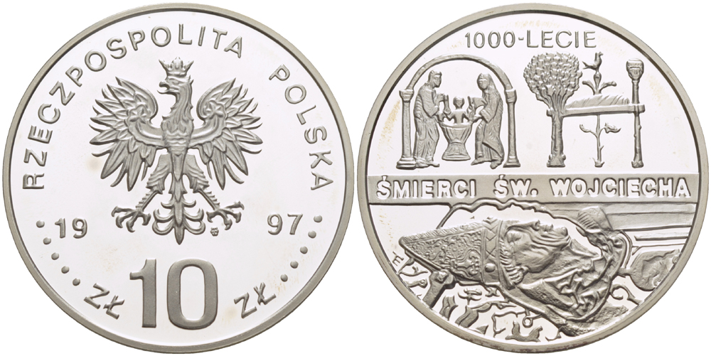 Польша 10 злотых 1997 MW, 1000 летие со дня смерти Святого Адальберта Пражского, тираж 25000 экземпляров KM 321 серебро PROOF 1080-9-23