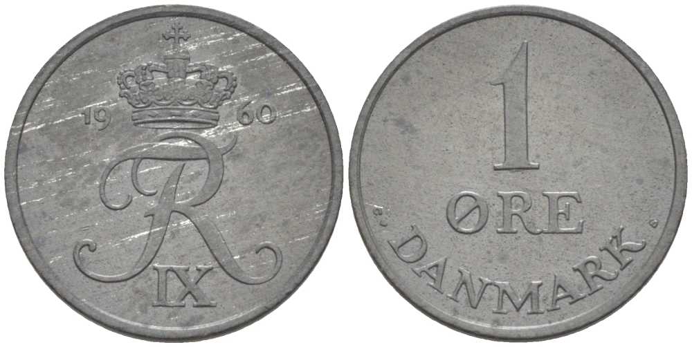 Дания 1 эре 1960 С; S, Фредерик IX (1947-1972) KM 839.2 цинк UNC 4387-364