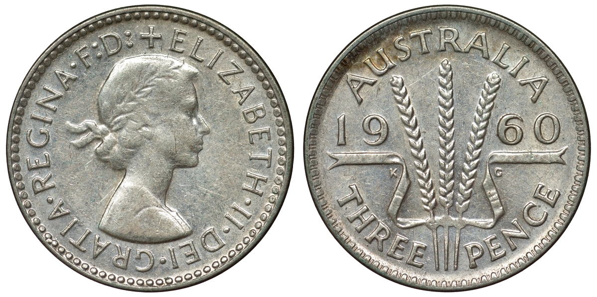 Австралия 3 пенса 1960 m, Елизавета II (1952-2022) KM 57 серебро 71-626