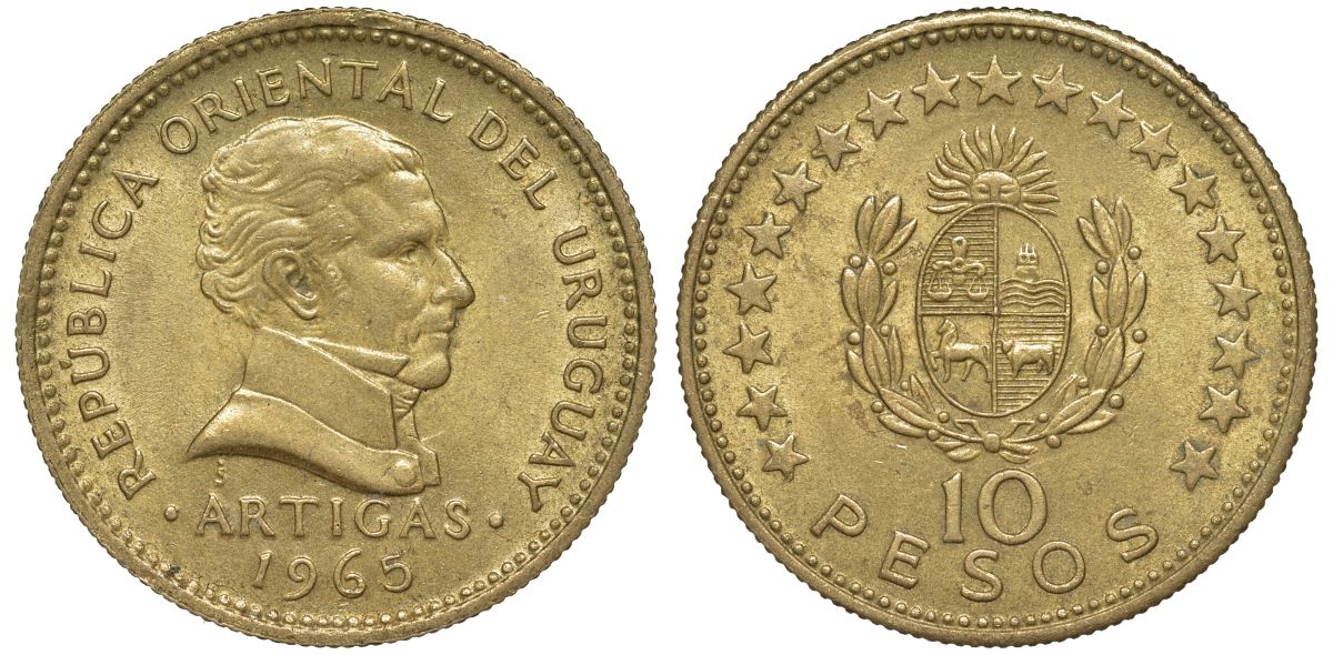 Уругвай 10 песо 1965 KM 48 алюминиевая бронза 69-442