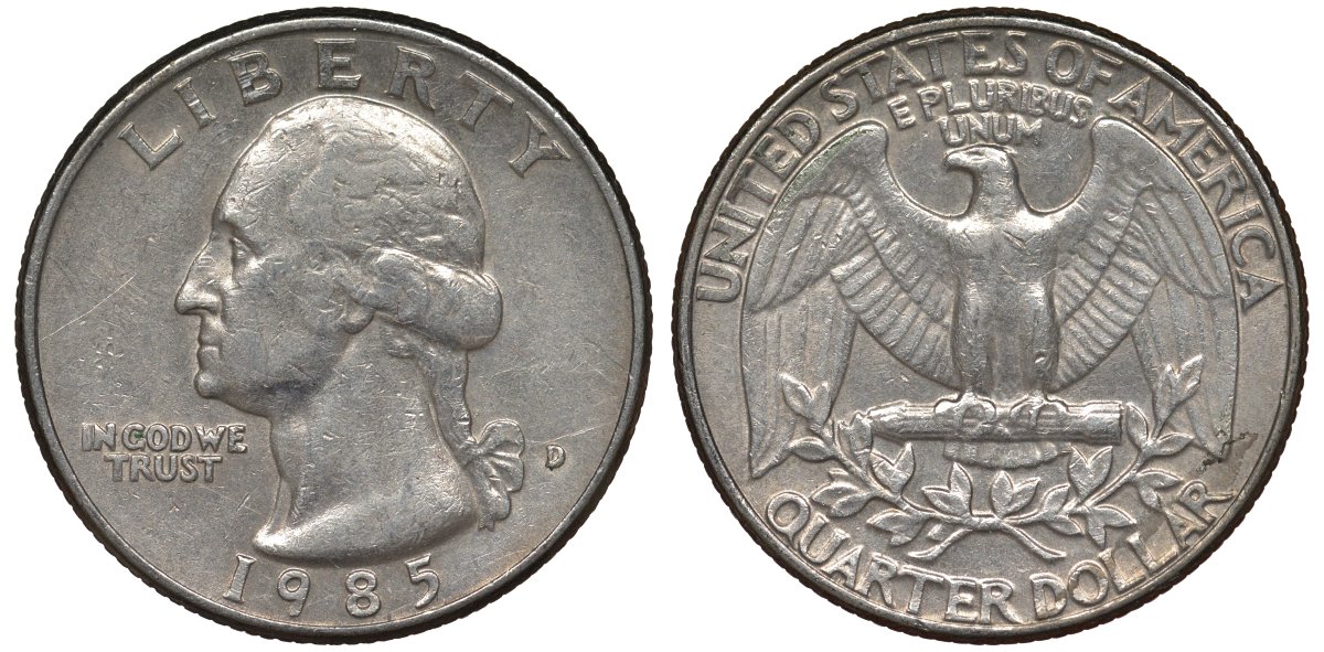 США 25 центов = квотер 1985 D, Вашингтон KM А164а медь плакированная медно-никелем 4122-235