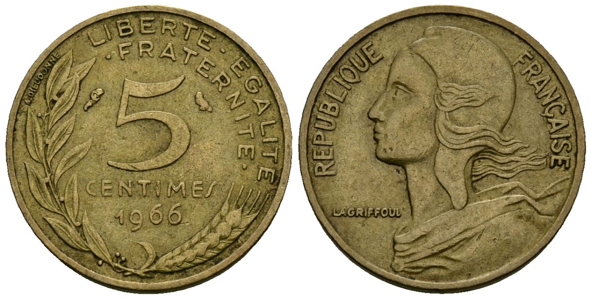 Франция 5 сантимов 1966 тип Marianne KM 933 алюминиевая бронза 4136-436