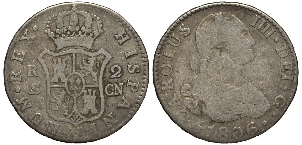 Испания 2 реала 1806 S CN, мондвор (Севилья), Карлос IIII (1788-1808) KM 430.2 ( C69.2) серебро 650-744
