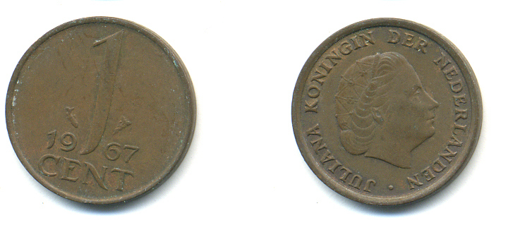 НИДЕРЛАНДЫ 1 ЦЕНТ 1967 ЮЛИАНА KM 180 бронза 83-938