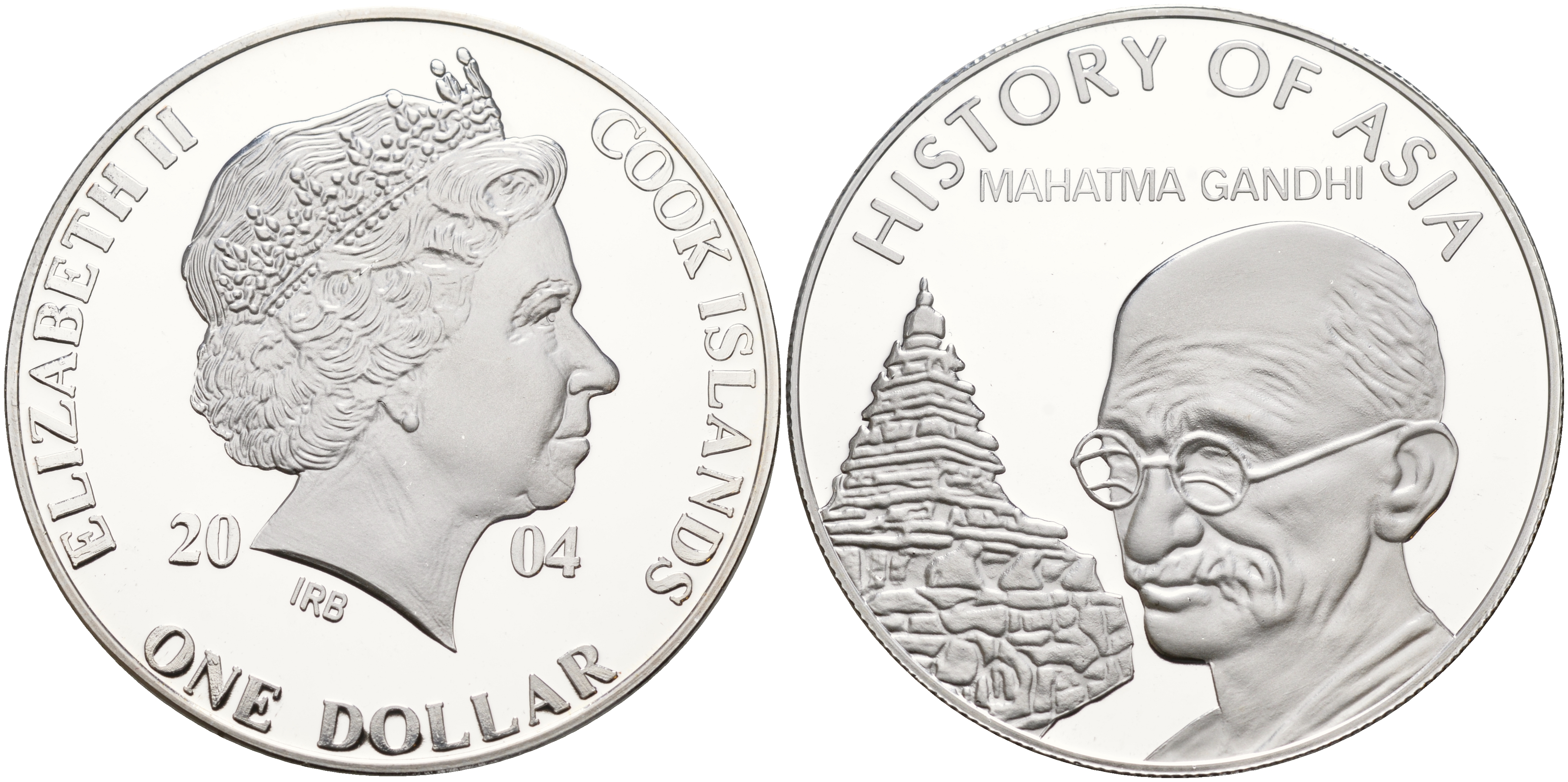 Острова Кука 1 доллар 2004 история Азии, Махатма Ганди KM 1156 медно-никель PROOF 01-234-45