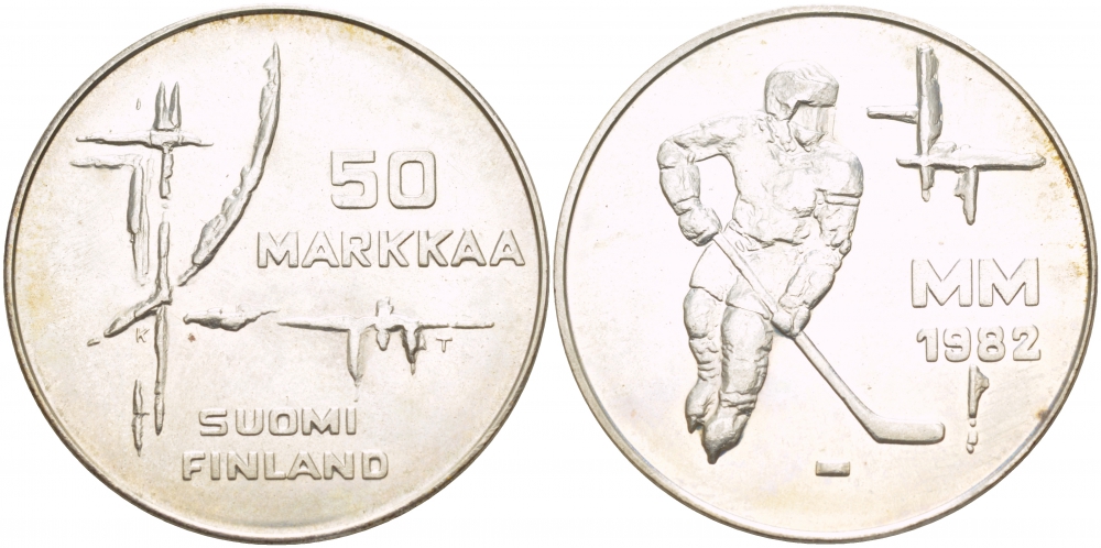 Финляндия 50 марок 1982 K-T, чемпионат мира по хоккею KM 60 серебро UNC 1520-435