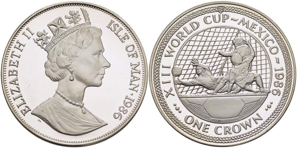 Остров Мэн 1 крона 1986 чемпионат мира по футболу 1986 года в Мексике, три игрока, атака КМ 163b серебро PROOF 1081-1-33