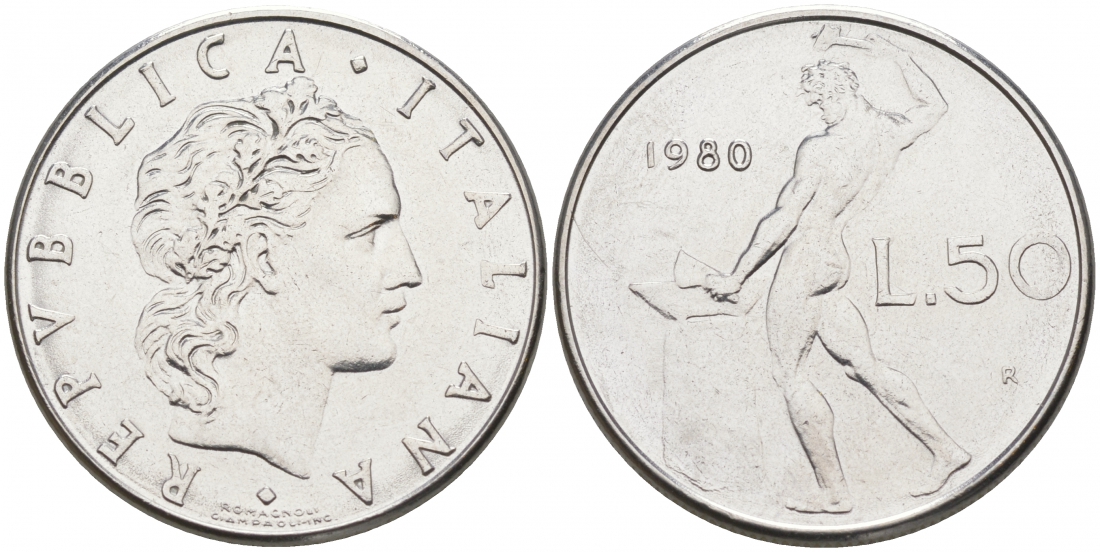 ИТАЛИЯ 50 ЛИР 1980 R КУЗНЕЦ KM 95.1 сталь 68-511