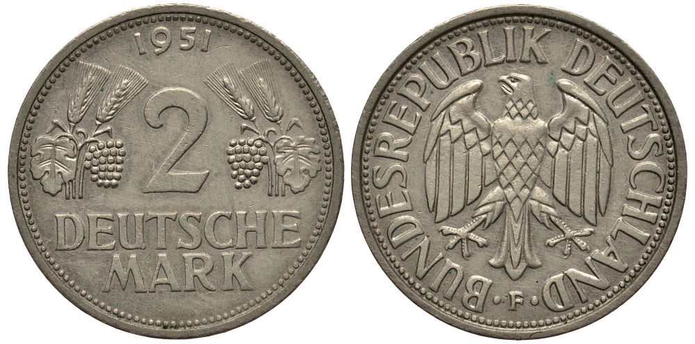 ФРГ 2 марки 1951 F J 386, KM 111 медно-никель плакированный никелем 413-3332