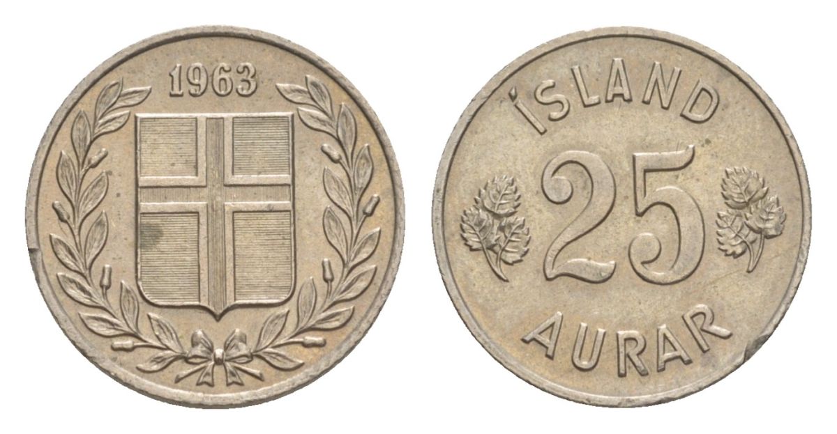 Исландия 25 эйре 1963 KM 11 медно-никель UNC 4632-948
