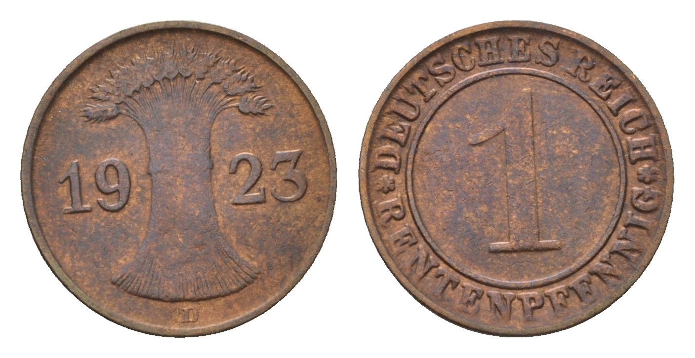 Германия 1 рентенпфенниг 1923 D KM 30, J. 306 бронза 4696-555