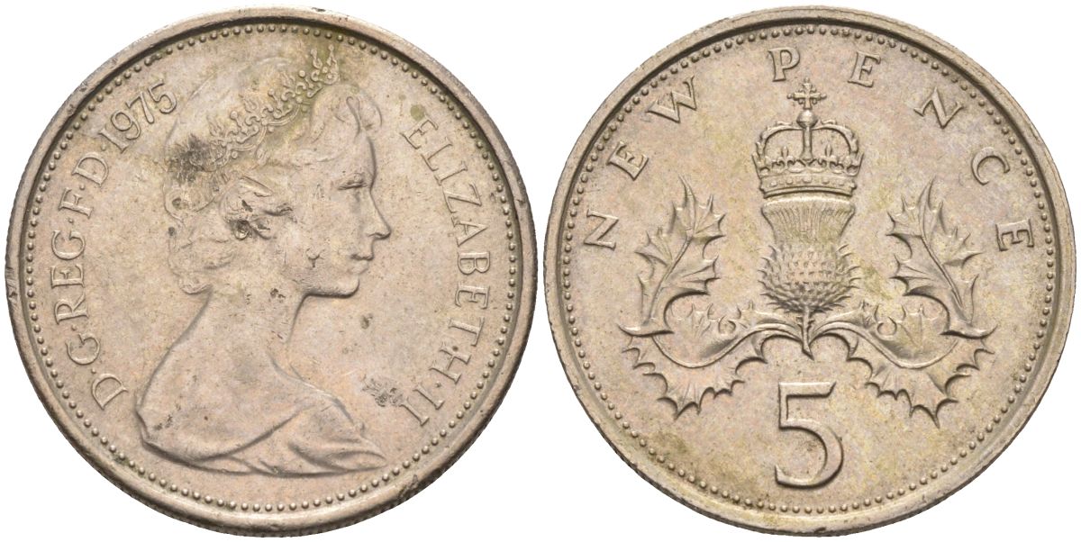 Великобритания 5 пенсов 1975 Елизавета II (1952-2022) KM 911, Spink 4233 (D1) медно-никель 4116-757