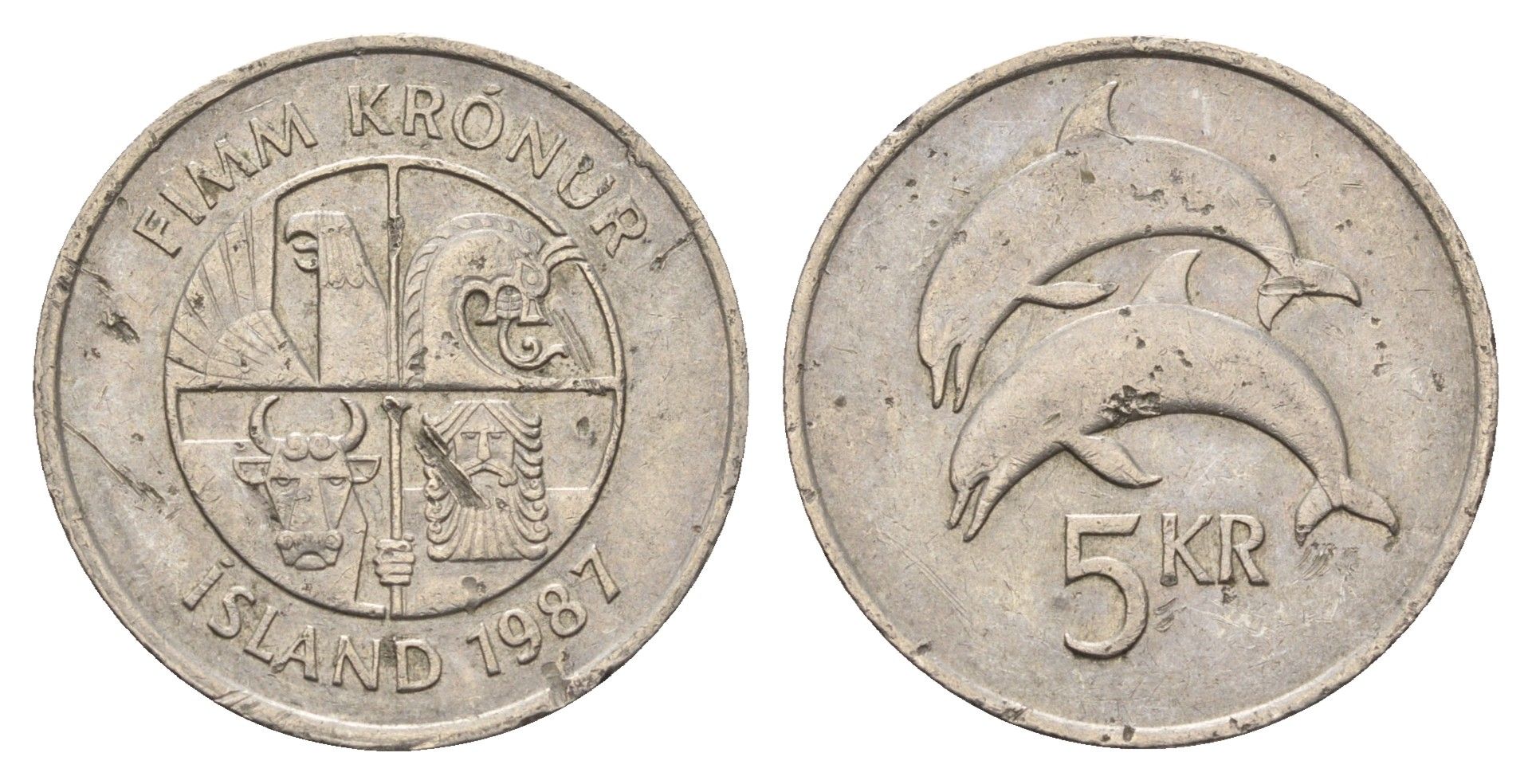 Исландия 5 крон 1987 дельфины KM 28 медно-никель 4589-452