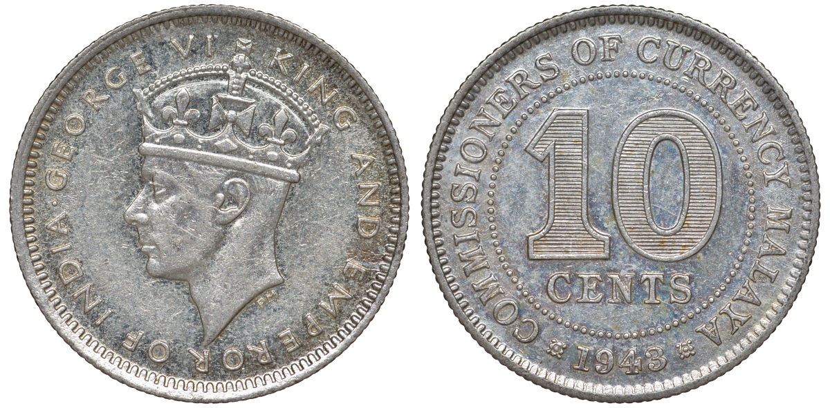 Британская Малайя 10 центов 1943 Георг VI (1937-1952) KM 4a серебро 53-236
