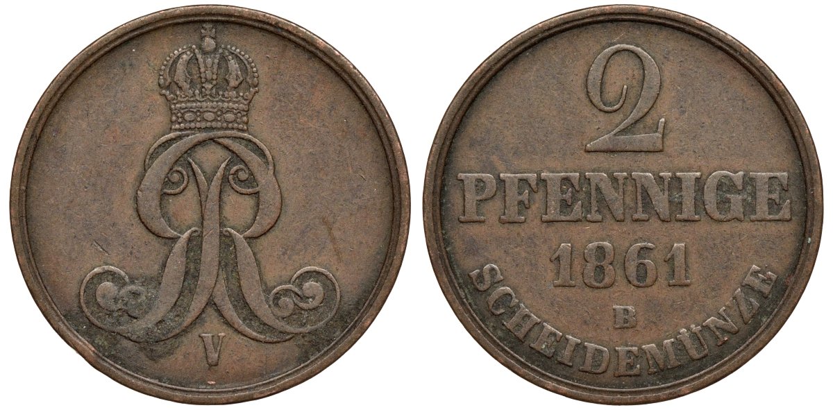 Брауншвейг-Каленберг-Ганновер 2 пфеннига 1861 B, Георг V (1851-1866) KM 234,aKS 153, J. 91 медь 4142-256