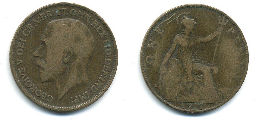 Великобритания 1 пенни 1917 Георг V (1910-1936) КМ 810, Spink 4051 бронза 4110-144