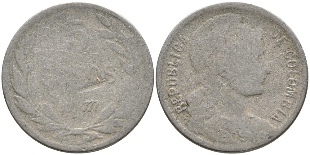 КОЛУМБИЯ 5 ПЕСО 1909 p/m, ИНФЛЯЦИОННЫЙ ВЫПУСК KM 279 медно-никель 4529-852