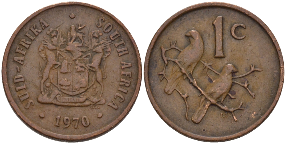 ЮАР 1 ЦЕНТ 1970 ГЕРБ, КАПСКИЕ ВОРОБЬИ KM 82 бронза 66-251