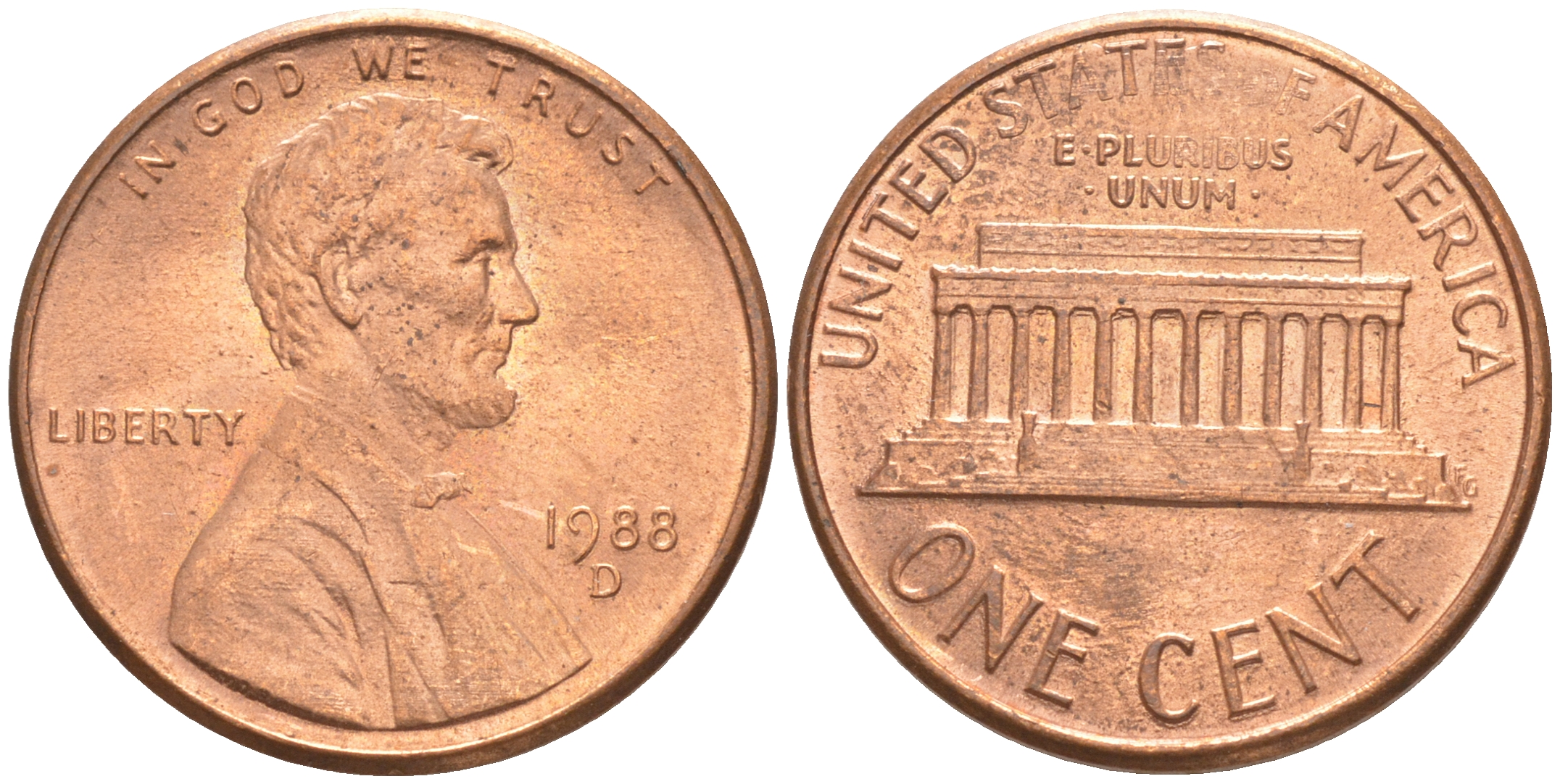 США 1 ЦЕНТ 1988 D KM 201b ЛИНКОЛЬН медь цинк UNC 187-713