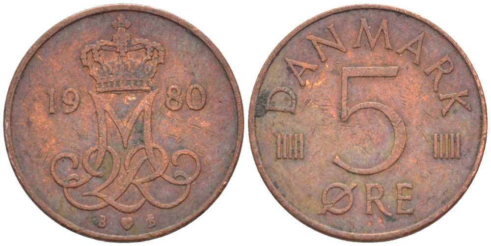 ДАНИЯ 5 ЭРЕ 1980 B; B, МАРГРЕТЕ II (1972-) KM 859.2 железо плакированное медью 4392-715