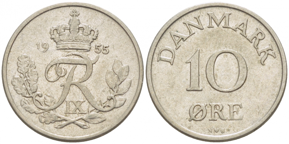 ДАНИЯ 10 ЭРЕ 1955 N; S, ФРЕДЕРИК IX (1947-1972) KM 841.1 медно-никель 3718-342