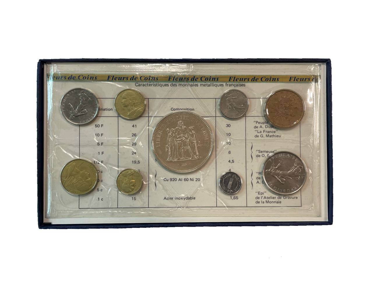 Франция официальный набор из 9 монет (1, 5, 10, 20 сантимов; 1/2, 1, 5, 10 и 50 франков) 1974 в оригинальной упаковке, с сертификатом KM SS 11 (925.1, 926a.1, 928, 929, 930, 931.1, 933, 940 и 941.1) BU 1-4-6-21