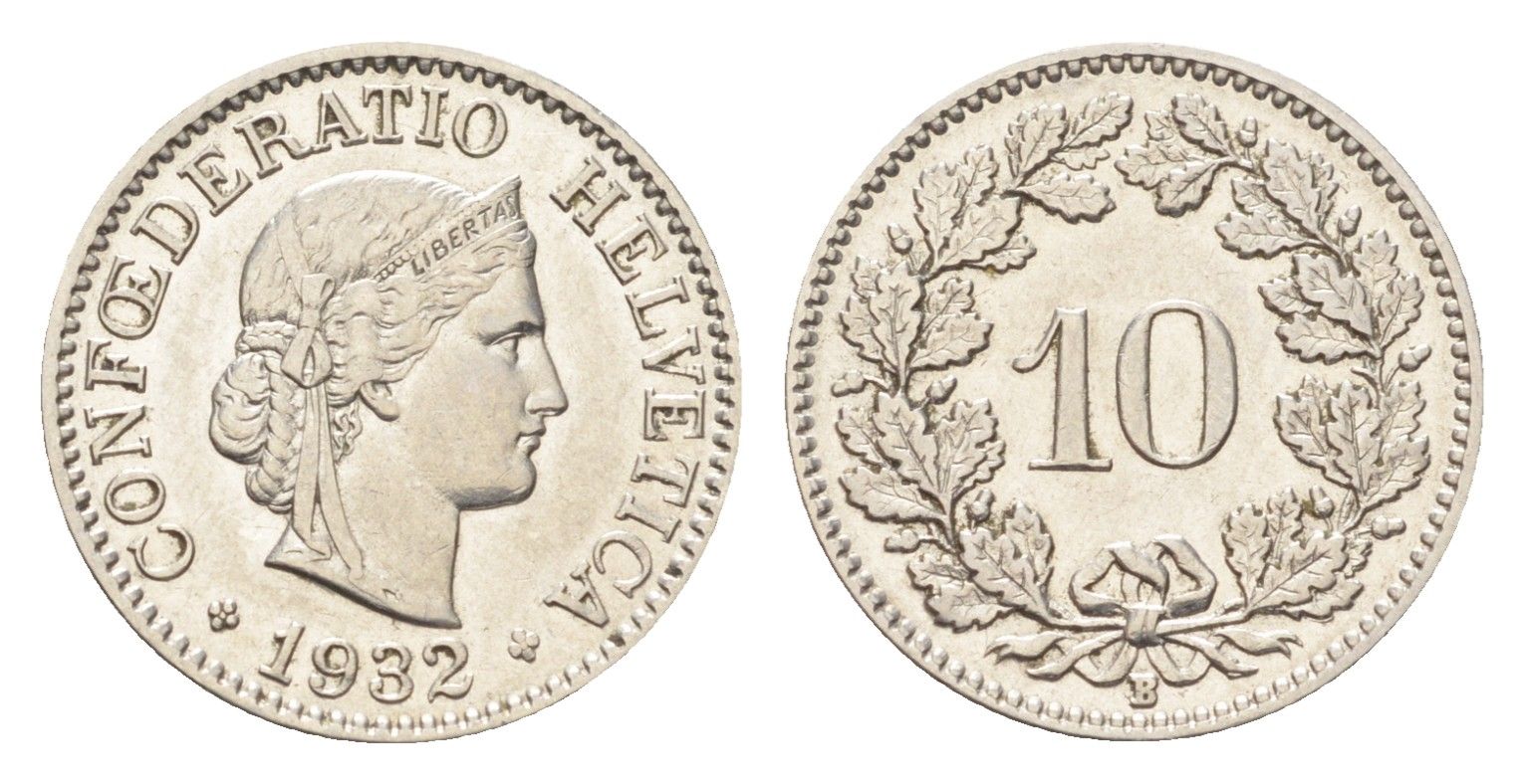 Швейцария 10 раппенов 1932 B KM 27b никель 4708-147