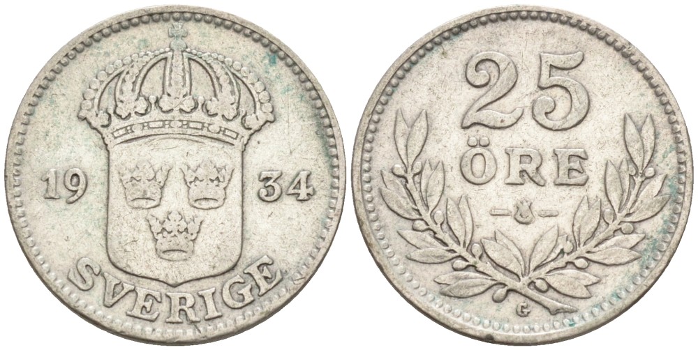 Швеция 25 эре 1934 G, Густав V (1907-1950) KM 785 серебро 4380-1044