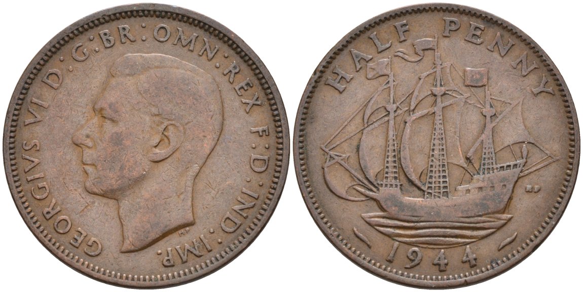 Великобритания 1/2 пенни 1944 Георг VI (1936-1952) KM 844, Spink 4115 бронза 190-753