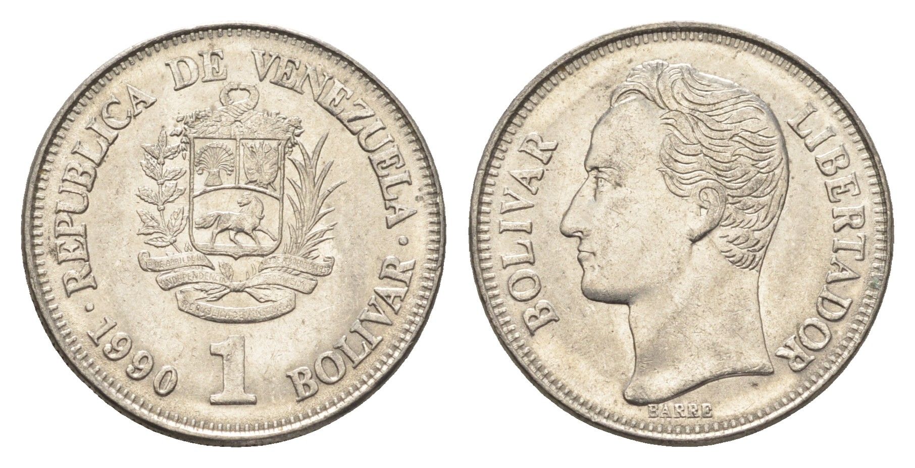 Венесуэла 1 боливар 1990 Симон Боливар Y 52a.2 сталь плакированная никелем 4662-912