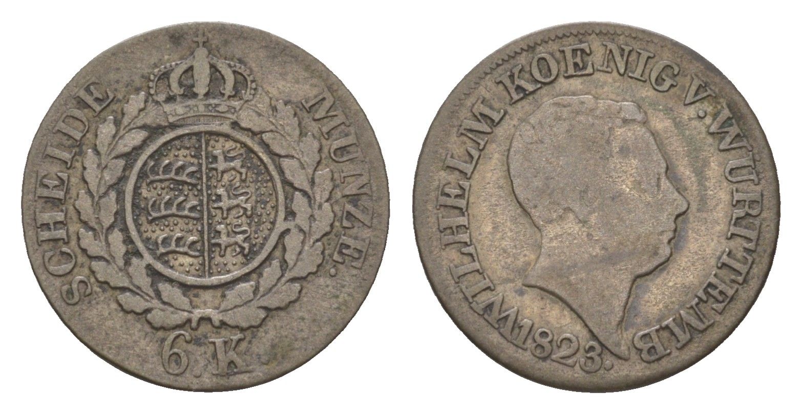 Вюртемберг 6 крейцеров 1823 Вильгельм I (1816-1864) KM 544 серебро 4625-964