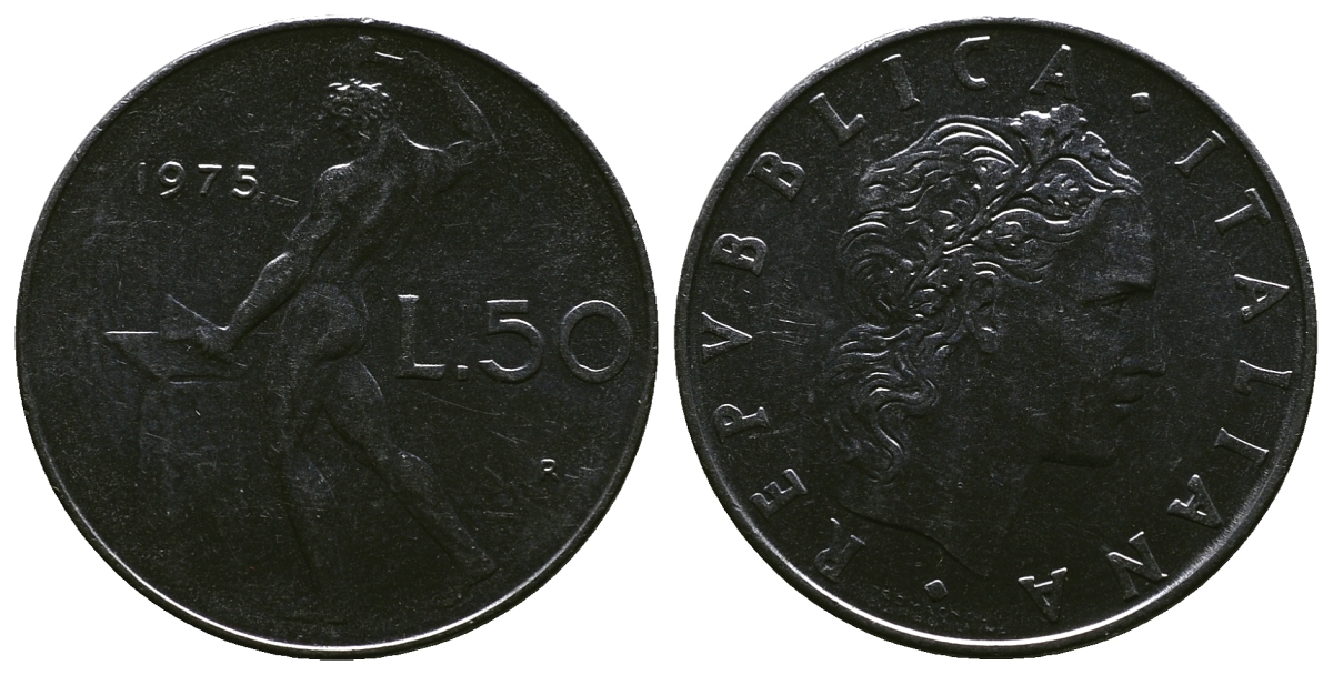 ИТАЛИЯ 50 ЛИР 1975 R, БОГ ОГНЯ ВУЛКАН У НАКОВАЛЬНИ KM 95.1 нержавеющая сталь 4384-1117