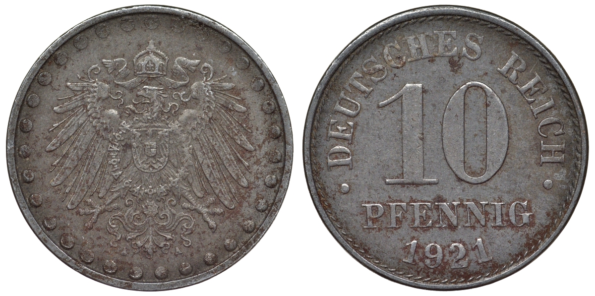 Германия 10 пфеннигов 1921 A KM 20, J. 298 железо 4119-251