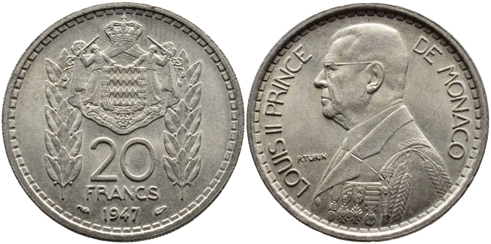 Монако 20 франков 1947 Луи II (1922-1949) KM 124 медно-никель 4389-1242