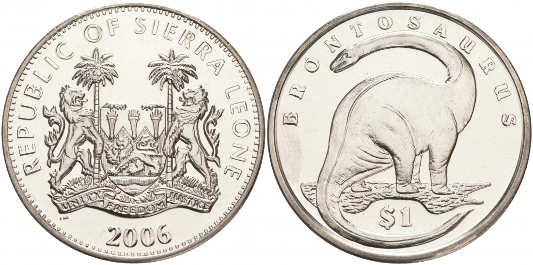 Сьерра-Леоне 1 доллар 2006 серия динозавры, бронтозавр KM 324 медно-никель UNC M20-19