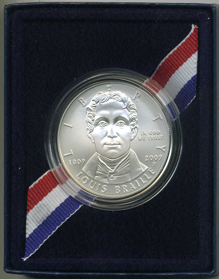 США 1 доллар 2009 Р, 200 лет со дня рождения Луи Брайля (1809-2009), в оригинальной коробке, сертификат KM 455 серебро UNC 00-00