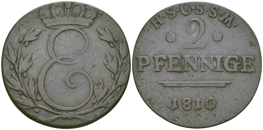 Саксен-Кобург-Заальфельд 2 пфеннига 1810 KM 151.1 медь 99-755