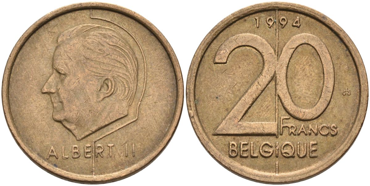 Бельгия 20 франков 1994 Belgique, Альберт II KM 191 никель бронза 4126-322