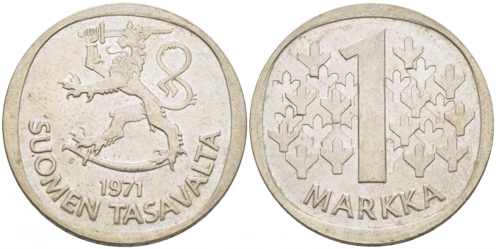 ФИНЛЯНДИЯ 1 МАРКА 1971 S KM 49а медно-никель 3718-753