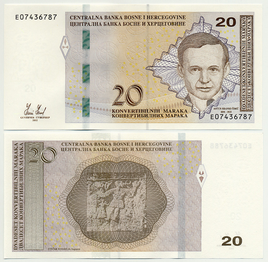 Босния и Герцеговина 20 марок 2012 Антун Бранко Шимич Pick 82 а бумага UNC (пресс) 450-21-3