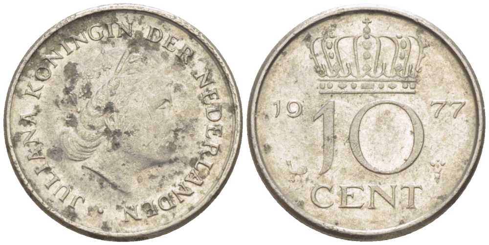 НИДЕРЛАНДЫ 10 ЦЕНТОВ 1977 ЮЛИАНА (1948-1980) KM 182 никель 211-1233