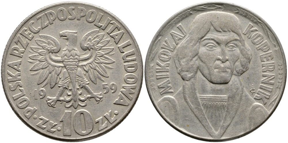 ПОЛЬША 10 ЗЛОТЫХ 1959 НИКОЛАЙ КОПЕРНИК KM 51 медно-никель 441-641